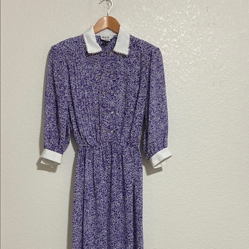 Purple Floral Collared Dress with White Trim